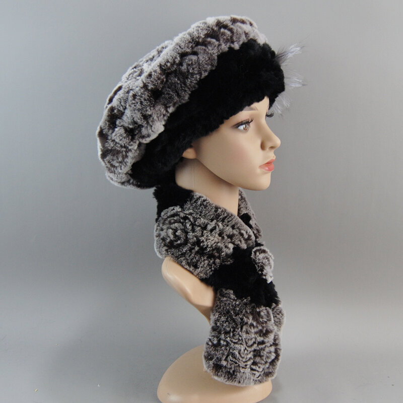 2024 New Winter Rex Rabbit Fur Hats Scarves Women Fashion 100% Genuine Knit Fur Caps Scarves Sets Lady Warm Real Fur Hat Muffler