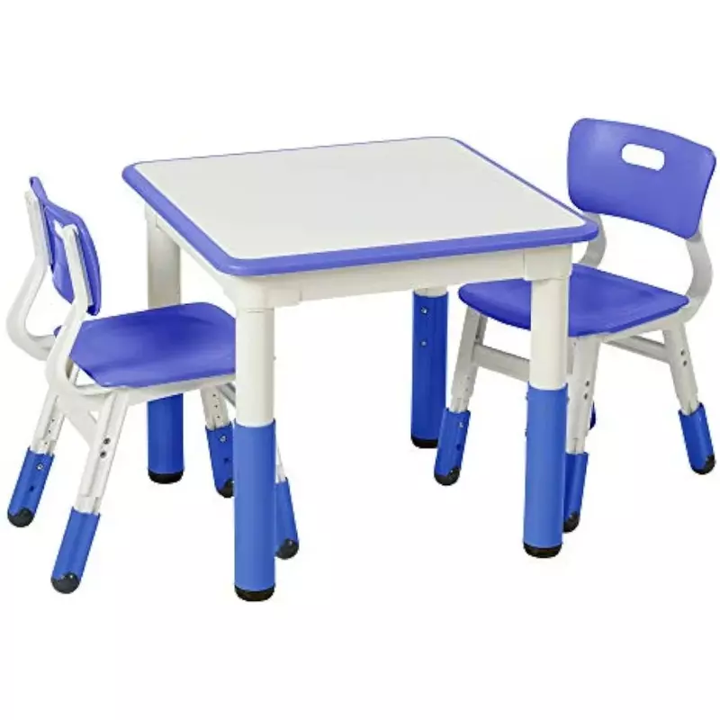 Stół dziecięcy suchy rub kwadratowy ruchomy stół z 2 krzesłami, regulowany, meble dziecięce, niebieski, zestaw 3