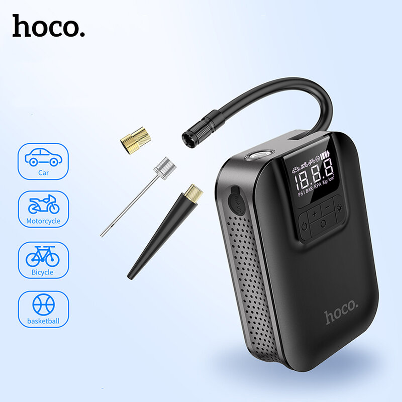 HOCO Pompa Elektrik Pompa Inflator Portabel Kompresor Udara untuk Mobil Sepeda Motor Sepak Bola Sensor Ban Digital Tiup