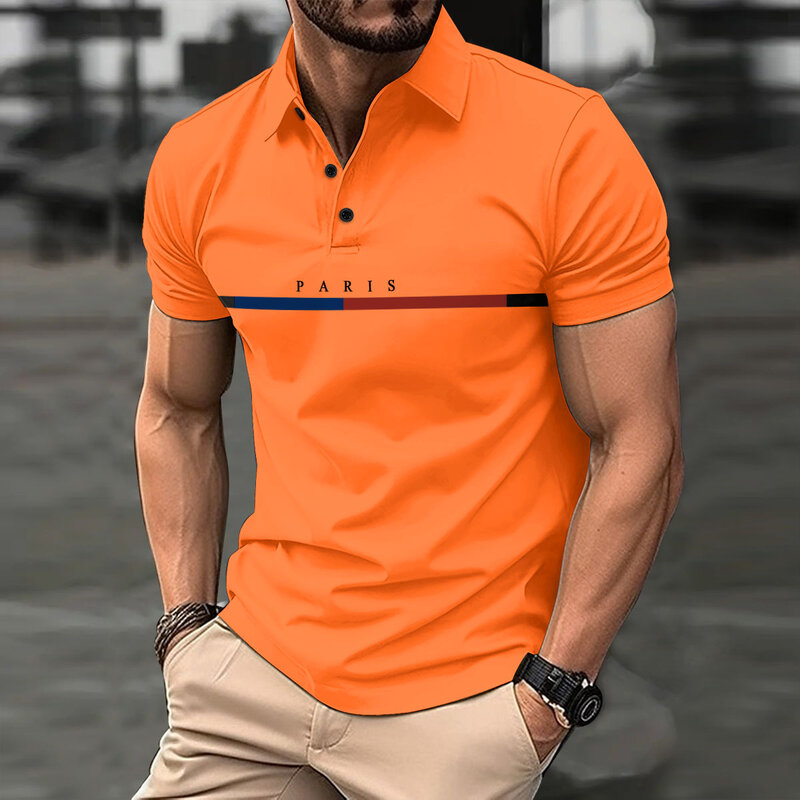 Camisa polo listrada solta masculina, cor de contraste, blazer de botões combinando, tendência da moda francesa, verão, explosão