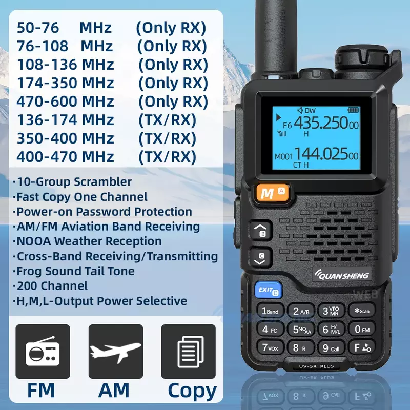 Quansheng Walkie Talkie UV 5R Plus, Radio Am Fm dua arah komutator stasiun VHF K5 penerima Ham nirkabel Set jarak jauh