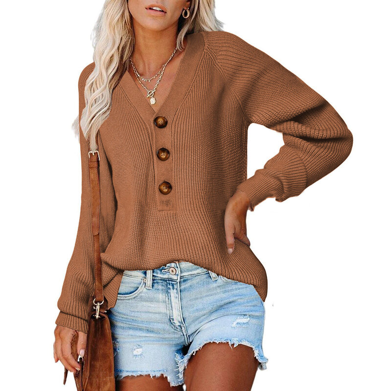 Sweater rajut leher V wanita, atasan lengan panjang berkancing musim gugur dan musim dingin 2023