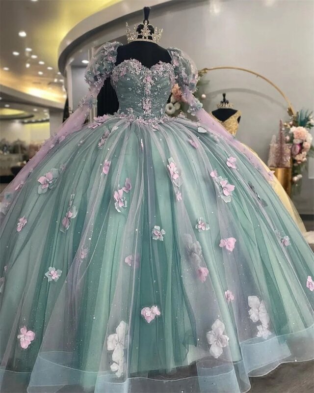 프린세스 퀸시네라 드레스 볼 가운, 긴 소매 얇은 명주 그물 꽃, 달콤한 16 드레스, 15 Aenos 커스텀