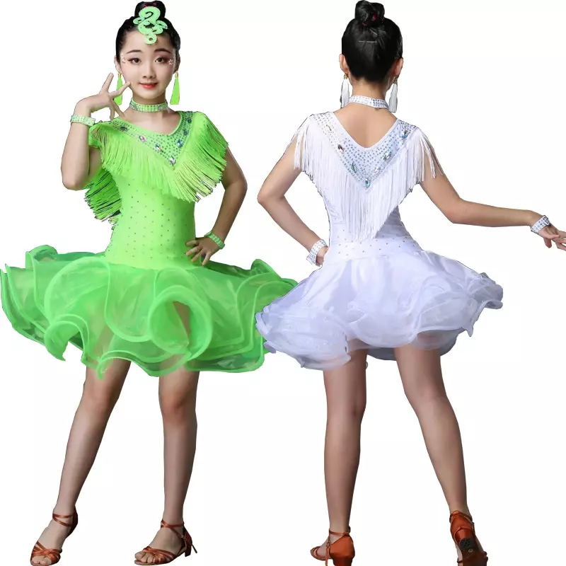 女の子のキラキラ光るタッセルラタンダンス服、salsaパフォーマンスコスチューム、フィギュアスケートドレス、ボールルームレイブアウト、キッズ
