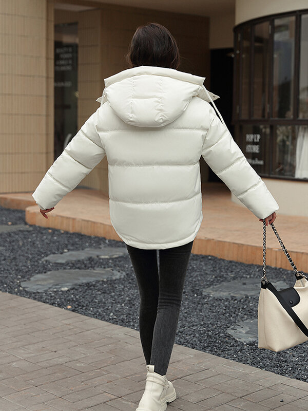 2023 damska zimowa z kapturem krótki overcupat gruby bawełniany płaszcz z obciszką na zimno Plus rozmiar Casual bufiaste kurtki