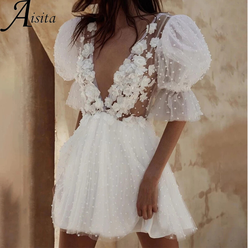 Seksowna suknia dla panny młodej w stylu A-line w stylu Vintage z dekoltem w szpic bez rękawów bez rękawów ślubnych z pereł kwiaty formalne suknie ślubne Vestidos De Novia