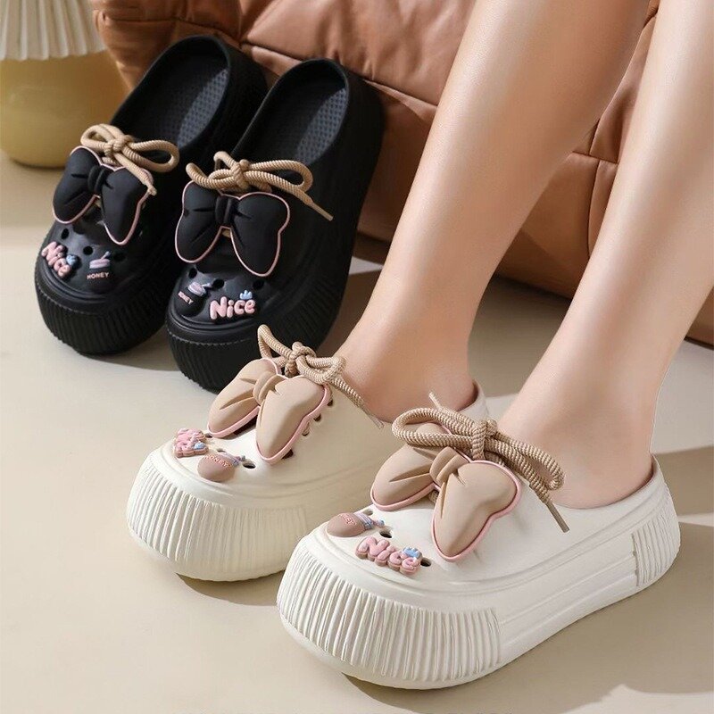 2024 Summer Women's Hole Shoes Cute Bow Thick Sole Anti Slip Resistant Women's Baotou Slippers for Home Outdoor Garden Shoes