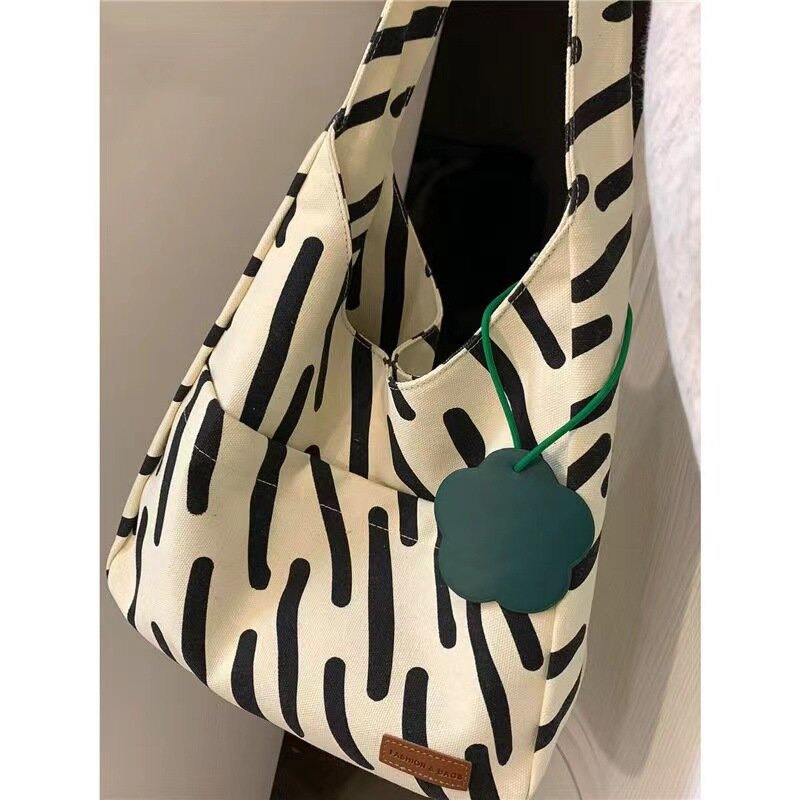 2023 Vintage Leisure Women's Retro Casual Canvas Fabric Shoulder Purse Tote Bag Zebra Pattern Underarm Bag