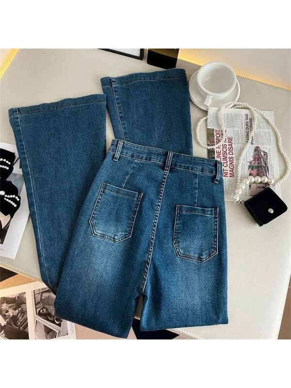 Streetwear High Taille Flare Jeans hose Frauen koreanische gerade Jeans Frühling Herbst lässig Vintage Pantalones schlanke Vaqueros Taschen