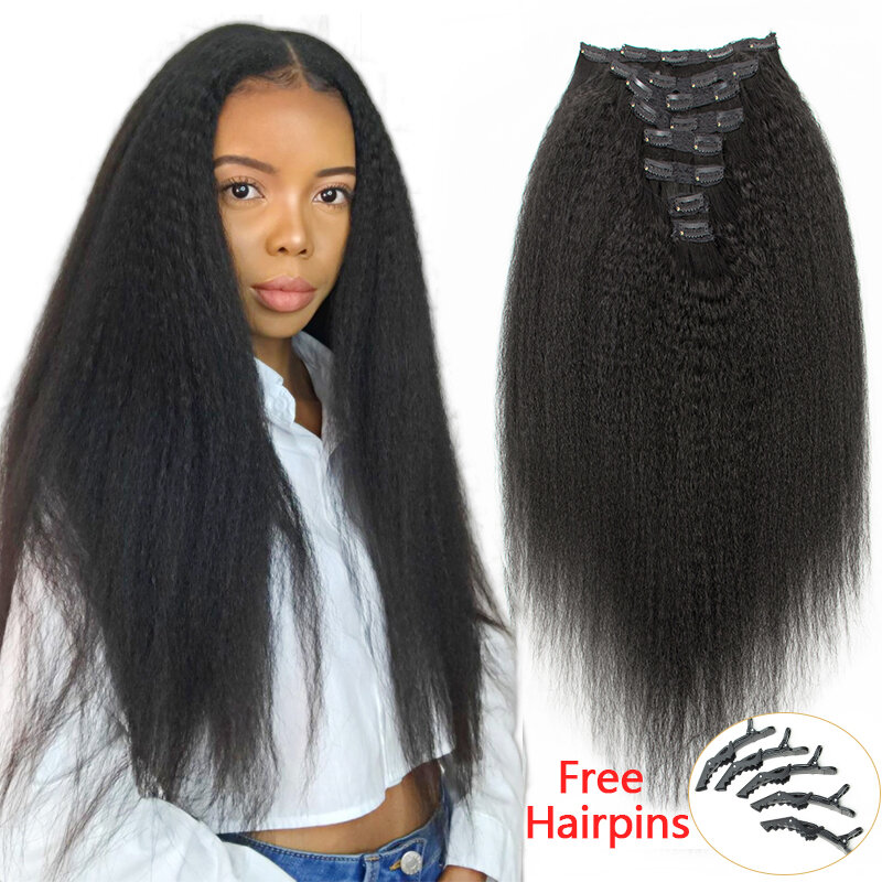 Kinky Straight Clip in Hair Extension Human Hair Yaki Straight Remy Hair Extensions Full Head 8-24 inch Clip On Hair 1B Color