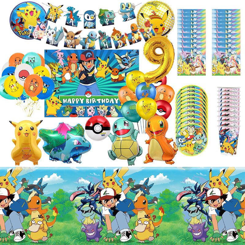 TAKARA TOM-Décoration de fête d'anniversaire Pokemon, jeu de dessin animé, ballon, bannière, arrière-plan, ustensiles de cuisine, fournitures de fête préChristophe
