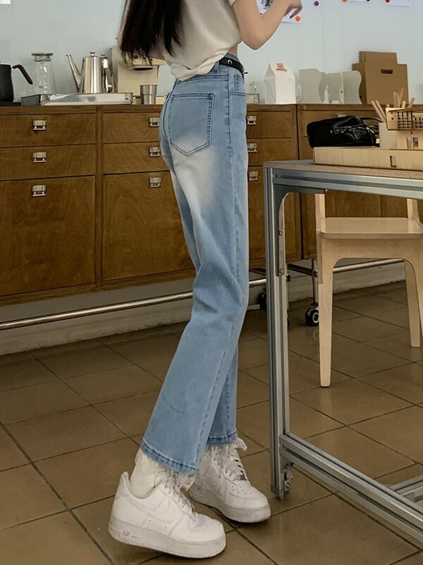 ZHISILAO-Calça jeans feminina até o tornozelo, jeans reto, renda de algodão, elástico, azul, cintura alta, primavera, verão, 2021