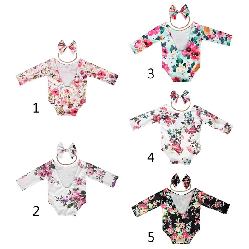 RIRI Neugeborenen Fotografie Requisiten Baby Floral Hohl Offenen Rücken Strampler Stirnband Set Kleinkinder Fotoshooting Outfits