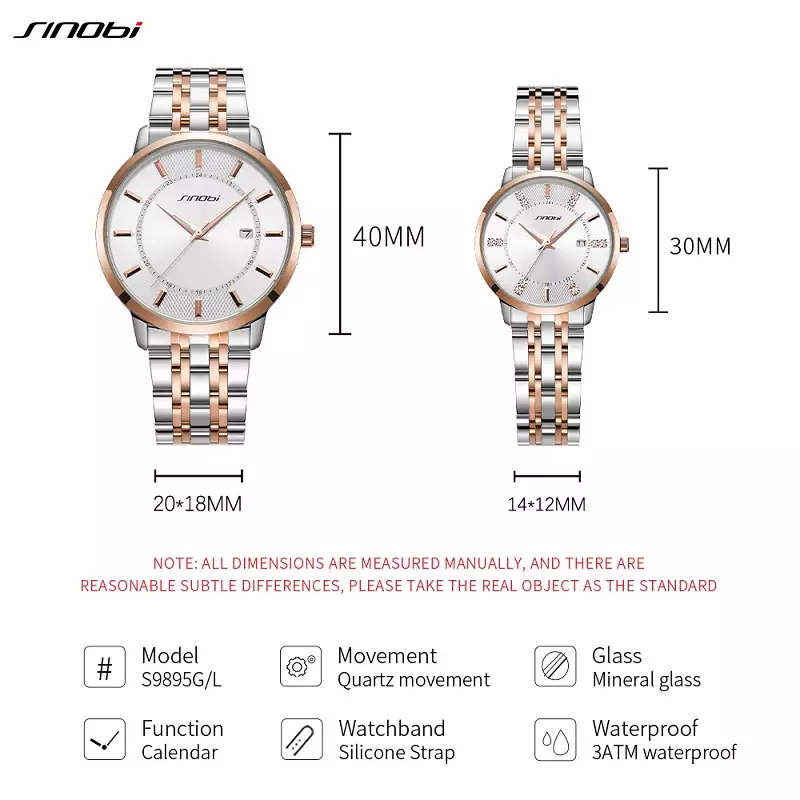 SINOBI coppia orologi calendario classico acciaio inossidabile impermeabile luminoso orologio da polso al quarzo orologio da polso uomo donna Set regali