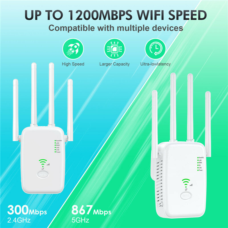 Penguat jangkauan WIFI, 5Ghz WiFi Repeater 1200Mbps nirkabel WIFI Extender penguat sinyal jaringan 2.4G/5GHz Router penguat sinyal jarak jauh