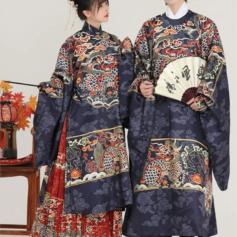 Ming-Made-Chaqueta larga de cuello alto para hombre y mujer, bata de cuello redondo, vestido tejido dorado Hanfu para pareja