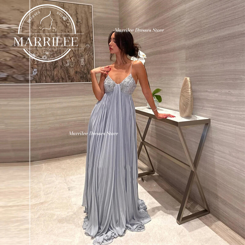 Marrilee-vestido de noite chiffon com lantejoulas e espaguete, sem encosto, plissado, sem mangas, até o chão, vestido de baile