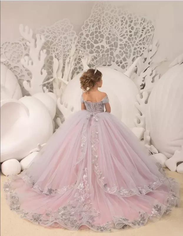 Srebrne aplikacje księżniczka kwiat sukienki dla dziewczynek tiul długie dziecko konkurs weselny sukienka urodzinowa z odkrytymi ramionami suknia balowa