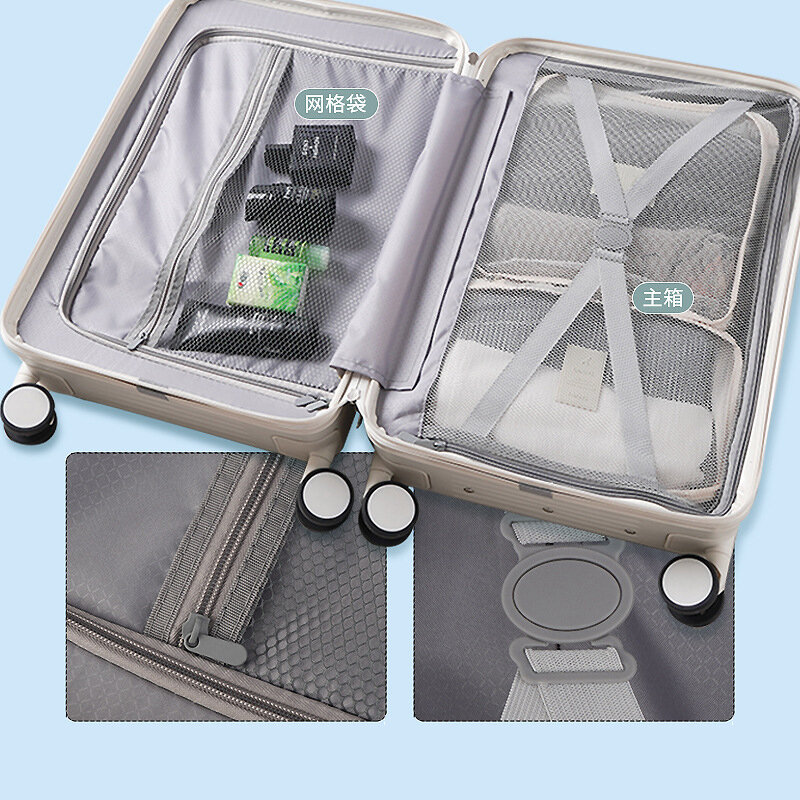 Maleta de viaje con asa ancha y portavasos, equipaje rodante de 20 pulgadas, con carga USB, nuevo diseño