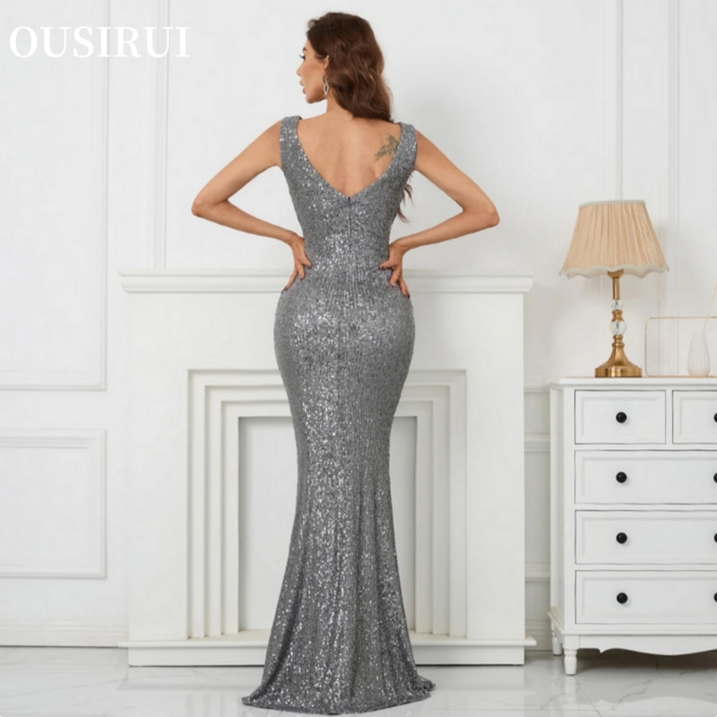 OUSIRUI V-образный вырез, серое вечернее платье с блестками, сексуальное женское платье макси, вечернее платье с блестками, юбка-годе, длинное платье для выпускного вечера