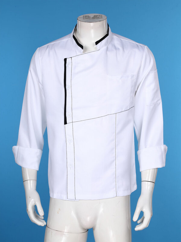Giacca da cuoco da uomo con finiture a contrasto di colore da donna, colletto alla coreana Unisex, uniforme da cucina con tasche per cucinare al forno