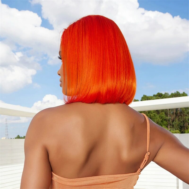 Peluca de cabello humano Remy para mujer negra, pelo liso con encaje Frontal 13x4 HD, color rojo y naranja, sin pegamento