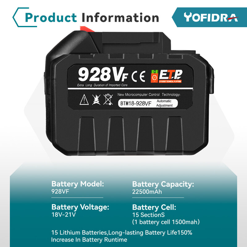 Batería de litio recargable de 18V, enchufe de la UE 388vf, 15000mAh, 928VF, 22500mAh, indicador de capacidad de la batería, para taladro eléctrico de motosierra