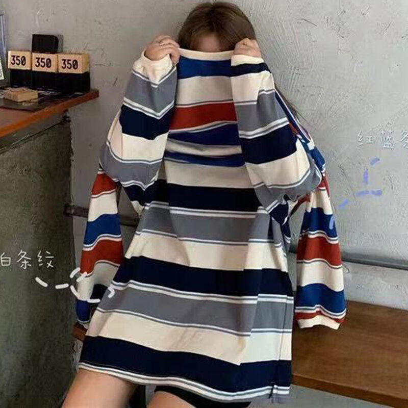 Bluzy damskie bluzy w paski Tshirt damski z długim rękawem O-Neck swetry koszule koreańska moda Casual ponadgabarytowe Y2k topy płaszcz