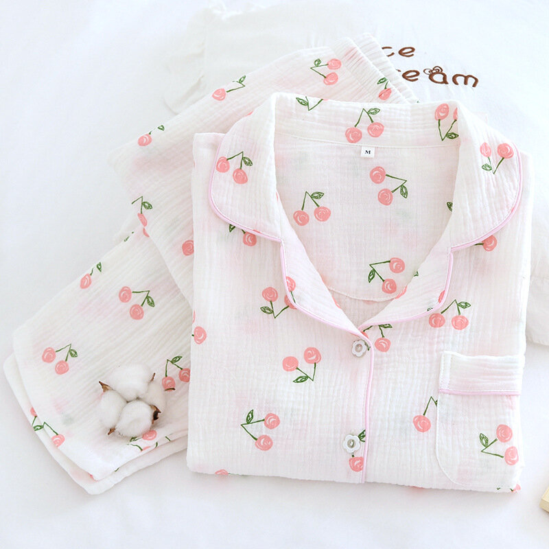 Pijama de algodão de gaze dupla feminina, terno de manga comprida, calças respiráveis, roupa de casa fofa, 100% algodão, primavera