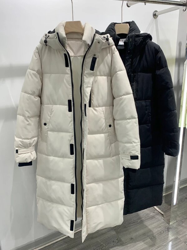 Damskie zimowe X-długa kurtka wyściełana bawełną 2023 nowe damskie luźna, bawełniana płaszcze koreańskie ciepłe grube kurtki damskie z kapturem