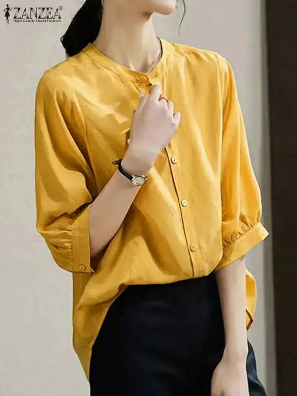 ZANZEA-Blusa de botões soprados para mulheres, camisa de manga 3/4, moda coreana, gola alta, escritório, casual, solta, tops sólidos, elegante, moda, 2024