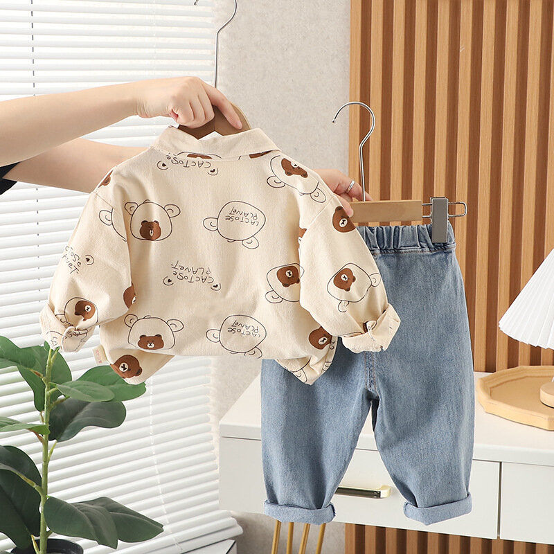 Camisa de urso infantil com estampa completa e terno jeans, conjunto de roupas para meninos, roupas infantis, primavera, outono, 1 a 5 anos, 2 peças