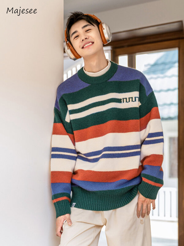 Sweaters Men Contrast Color Striped Knitwear Handsome Fashion Youthful Popular Long Sleeve High Street All-match Autumn College