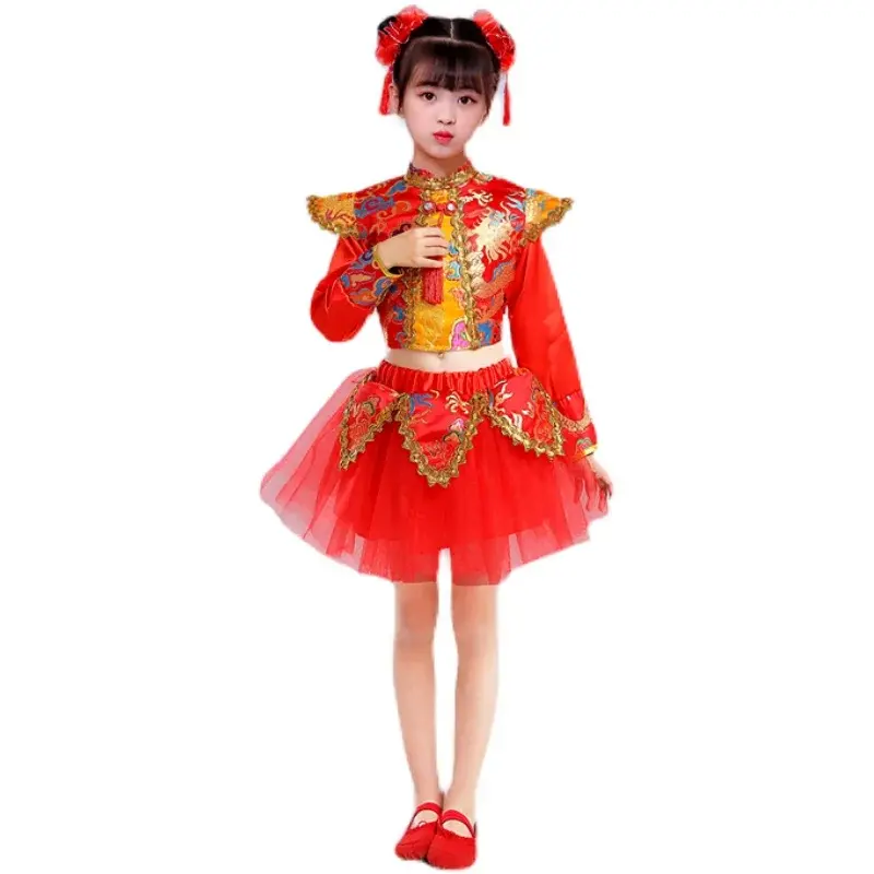 Costumi yangko festivi per bambini per ragazzi e ragazze costumi cinesi a tamburo del vento rap China red dance performance costumes.