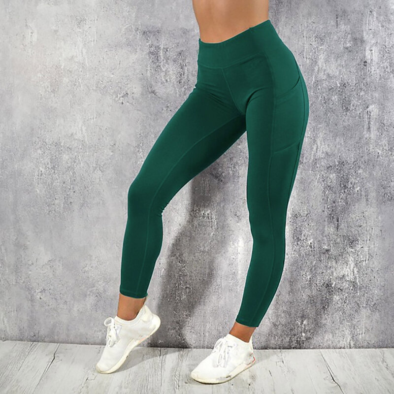 Celana olahraga Yoga wanita, celana Fitness lari wanita warna polos, kantong ponsel samping elastisitas tinggi 2023