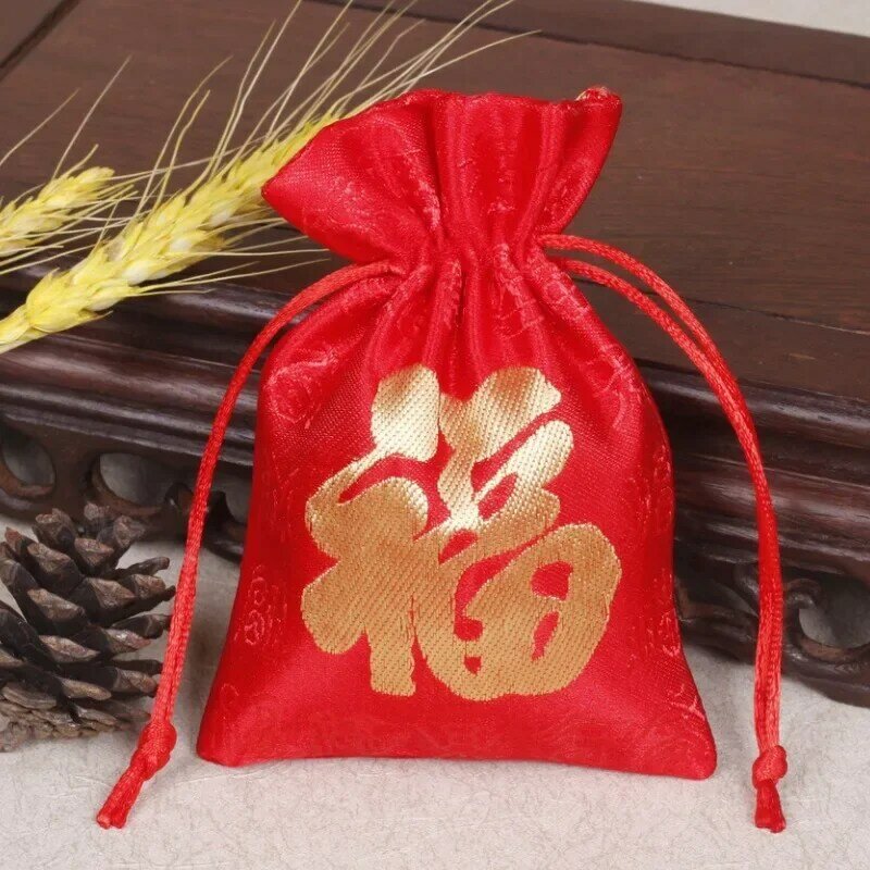 Saco de pano vermelho chinês com cordão bonito, brocado pequena fortuna saco, embalagem vermelha do presente