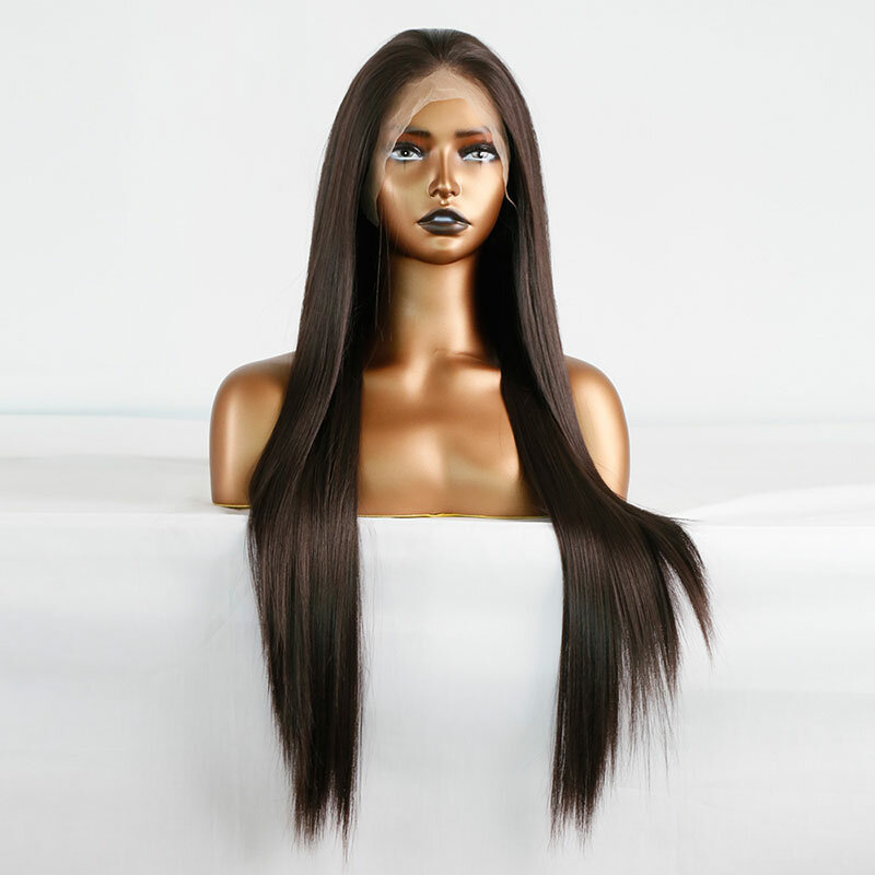 Ciemnobrązowe wysokiej jakości proste syntetyczne peruki z przodu z koronką 13x4 bezklejowe włókno termoodporne włosy dla czarnych kobiet do codziennego użytku