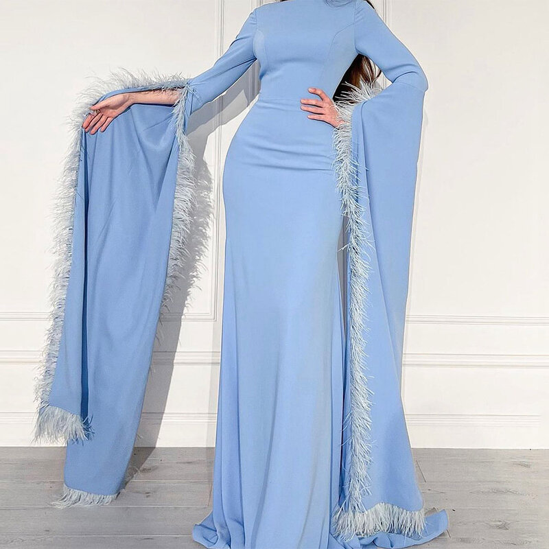 Light Blue Dubai Party Dresses Feathers Long Sleeves Boat Nek Simple Prom Gown Floor Length Vestidos Arabian Evening Dress