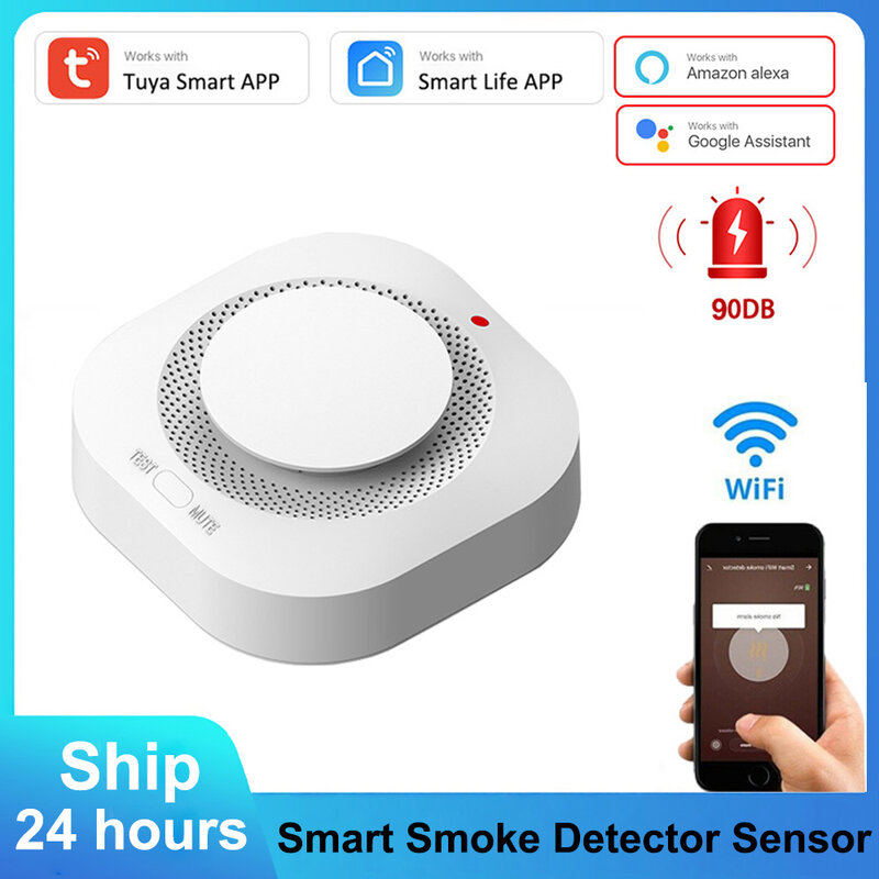 Tuya Wifi Sensor Detetor de Fumaça 90DB Alarme Sonoro Fumeiro Combinação Proteção Contra Incêndio Segurança Doméstica Vida Inteligente Alexa Google