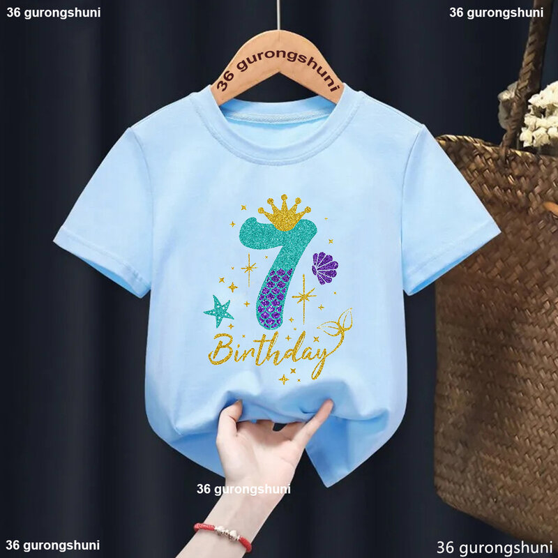 7th Birthday Gift Tshirt For Girls Mermaid Princess Crown Print T Shirt White/Pink/Gray/Blue Kawaii Kids Clothes Summer T-Shirt