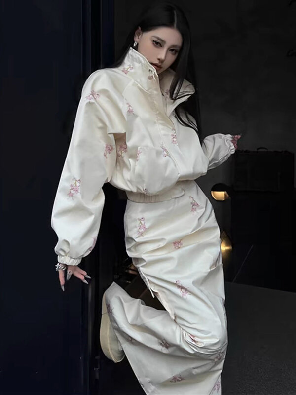 High Quality Casual 2 Piece Sets Print Korean Loose Jacket Short Coat High Waist Long Skirt Female Fashion Streetwear