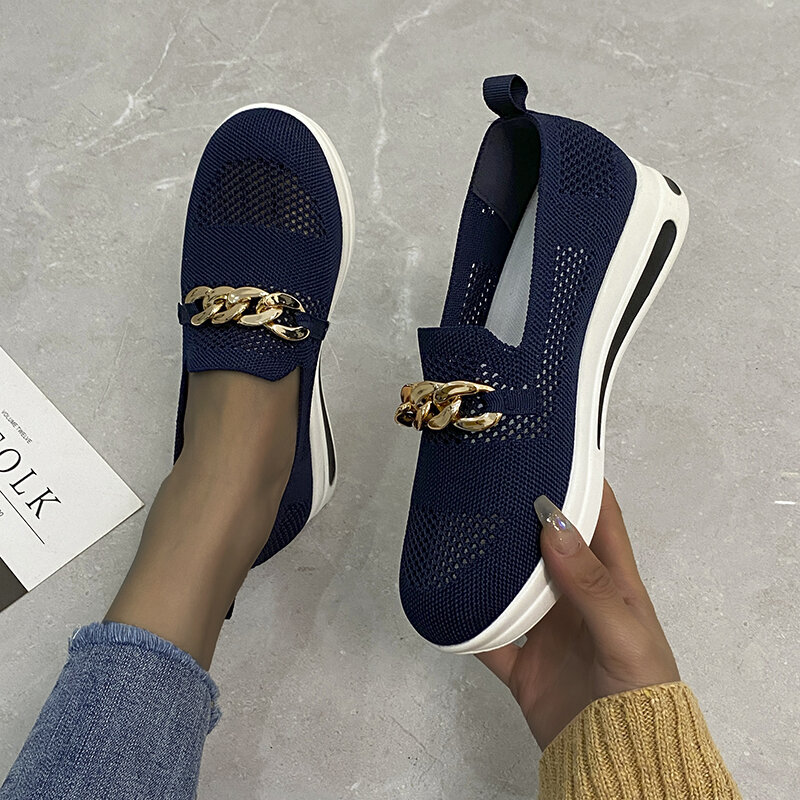 Sneaker Platform Shoes Ladies Fashion Metal Buckle Mesh Breathable Round Toe Thick Sole Casual Sports Shoes Womens Fashion