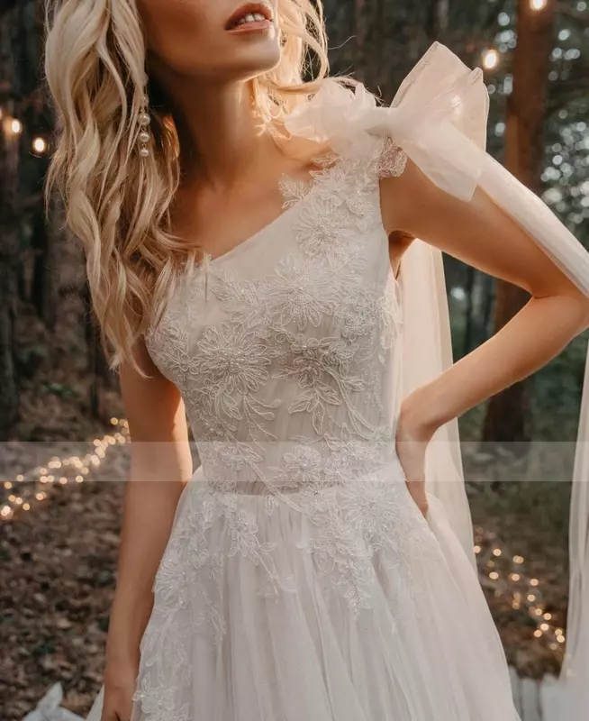 Vestido de novia elegante con apliques de un solo puño, vestido de novia largo hasta el suelo de tul con cuentas blancas