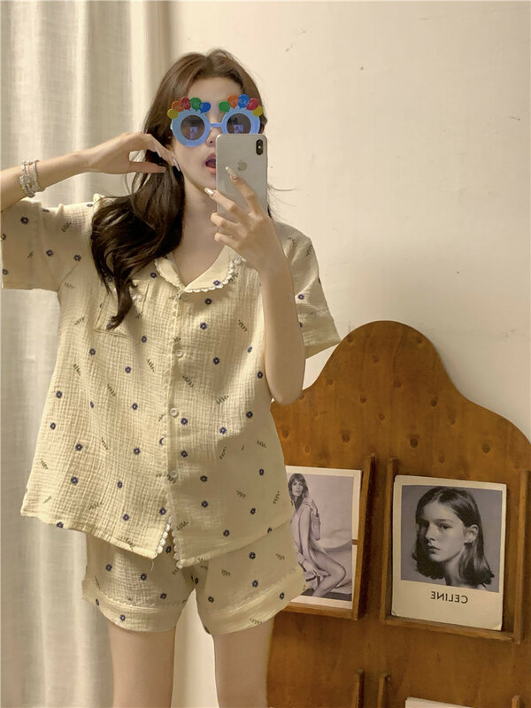 Новинка 2024, милый пижамный комплект, женский летний кардиган с коротким рукавом и милым принтом в горошек, комплект домашней одежды в японском стиле