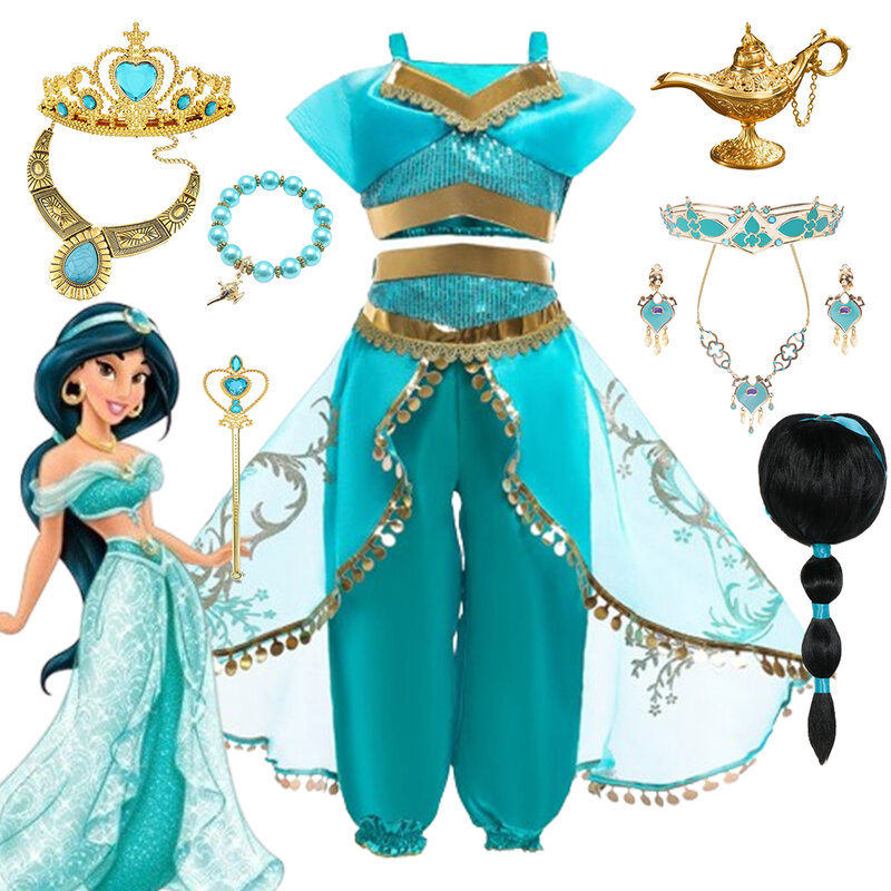 Disney-Robe Princesse Jasmine Aladdin pour Bol, Lampe Magique, Costume de ixd'Anniversaire, Haut + Pantalon + Groupe de Sauna, Vêtements de Carnaval