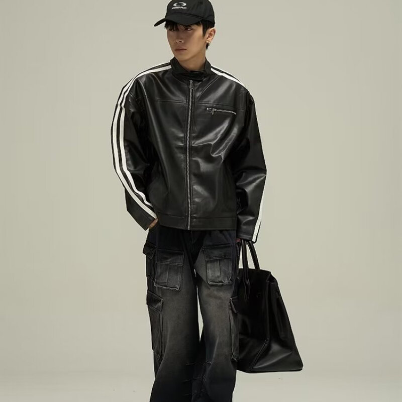 Giacca in pelle PU moto primavera uomo New Stripe Punk Bomber cappotti allentati colletto alla coreana tasca con cerniera High Street Outwear Y2K