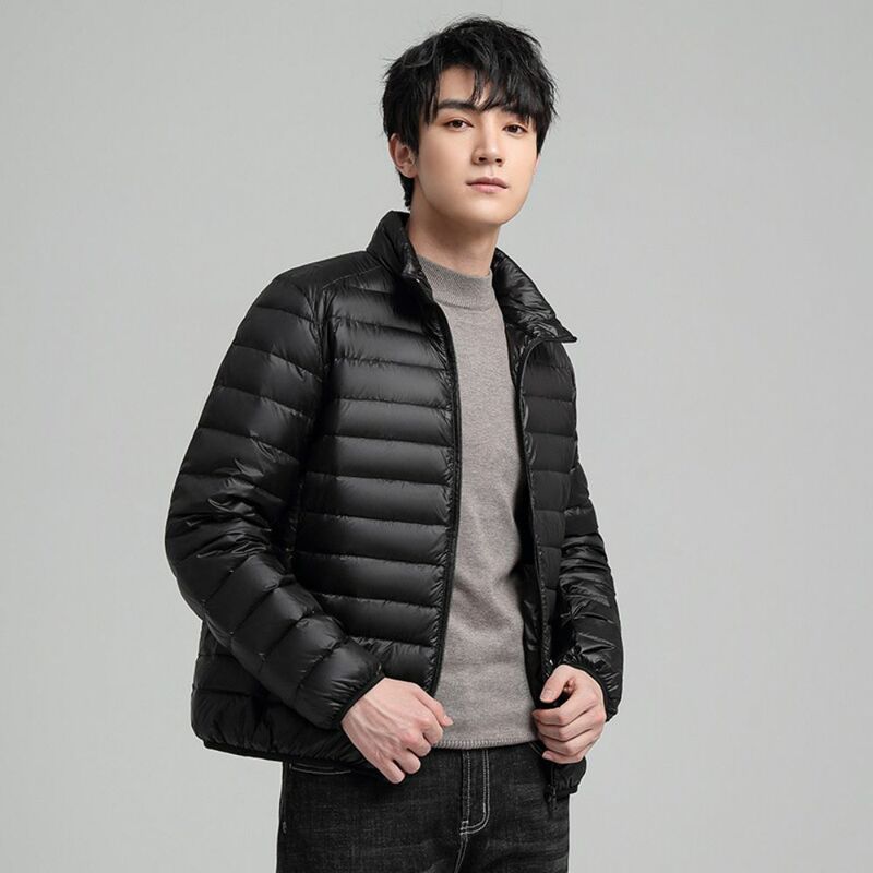 2023 Winter New Fashion Men's Standing Collar Solid Color Long Sleeved Hooded Jacket Trendy Casual Versatile Down Jacket