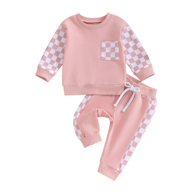 Toddler Baby Girls Boys Checkerboard Print Long Sleeve Sweatshirts Long Pants Clothes Set