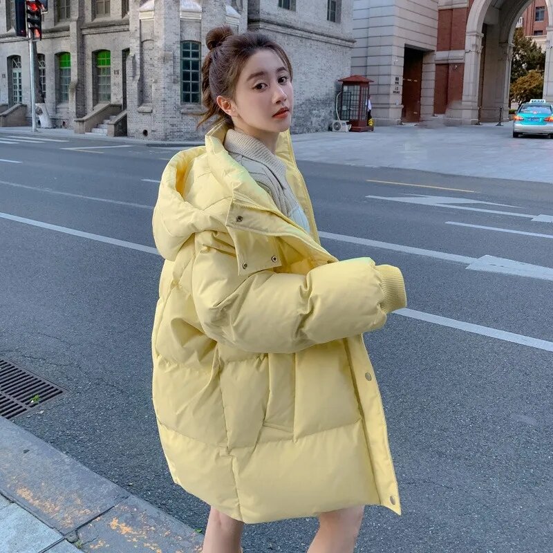 女性の韓国の冬のパーカー、大きなポケット、フード付きルーズコート、女性のカジュアルなパーカー、単色のジャケット、暖かいファッション