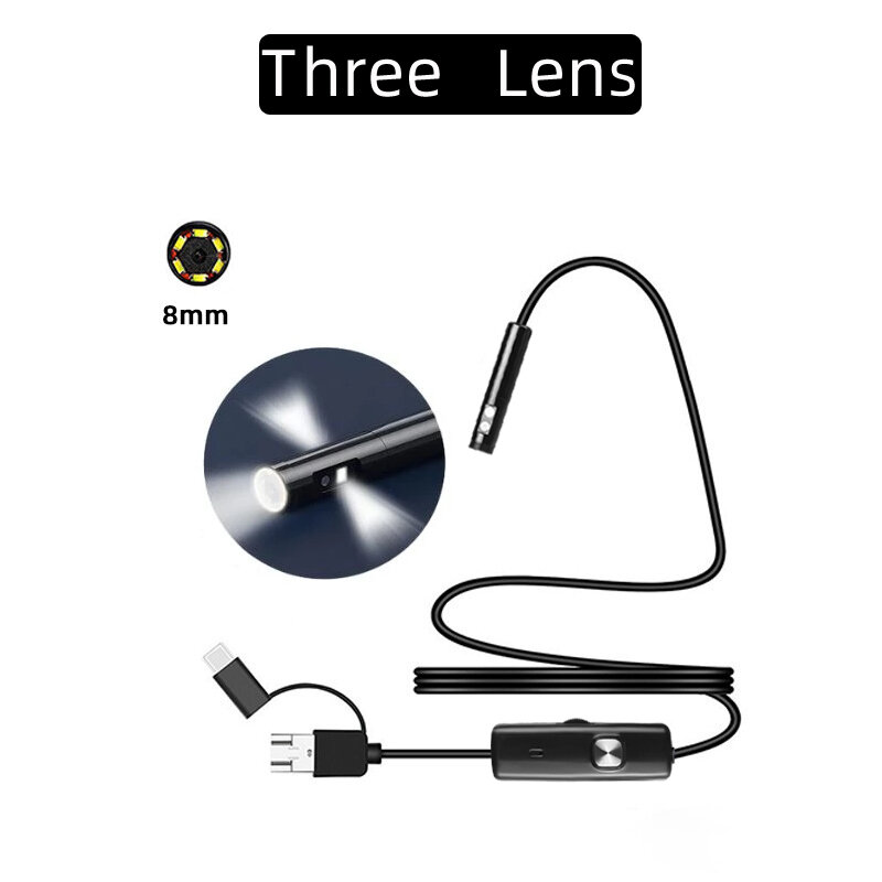 Endoscopio de 3,9mm, tres cámaras para Android, Smartphone, tableta, coches, doble lente, Mini cámara endoscópica tipo C, boroscopio de vídeo USB